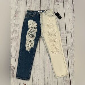 NWT American Bazi Two-Tone Distressed High Rise Juniors Jeans Size 11